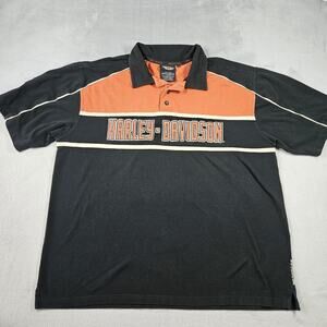 Harley Davidson Polo Mens XL Orange Black Big Spellout Retro Biker Grunge